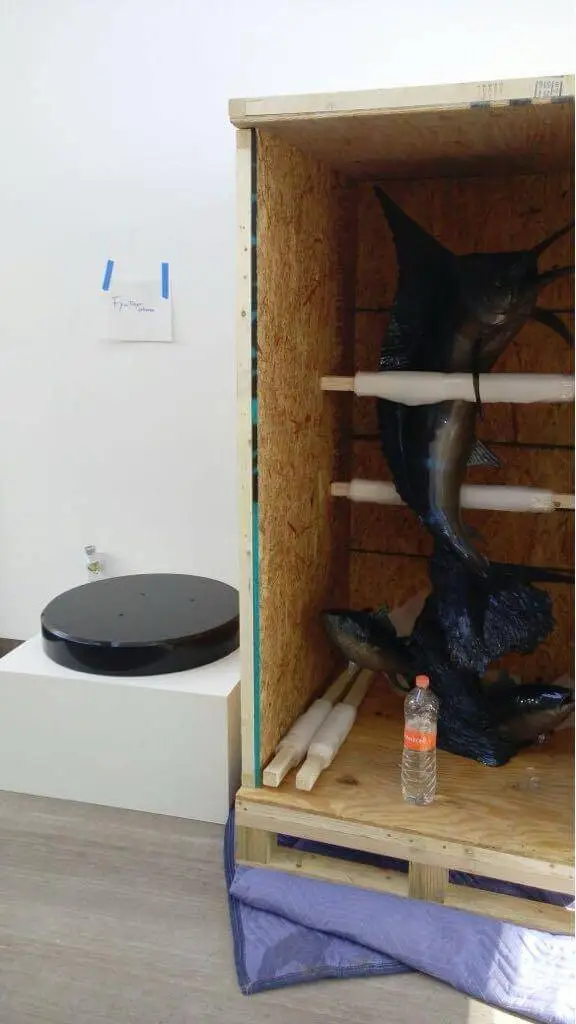 A bronze marlin inside a shelved plywood crate built to its shape.