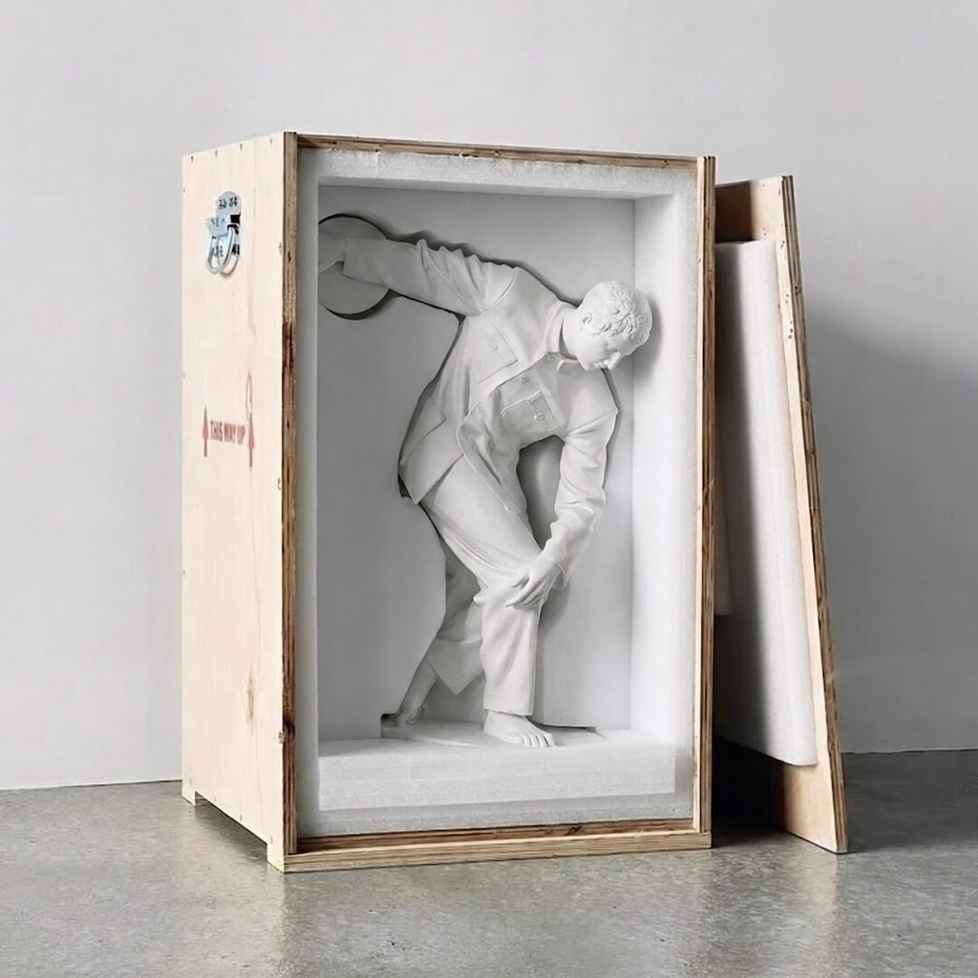 A custom-built wooden crate constructed around a fragile, high-value item.