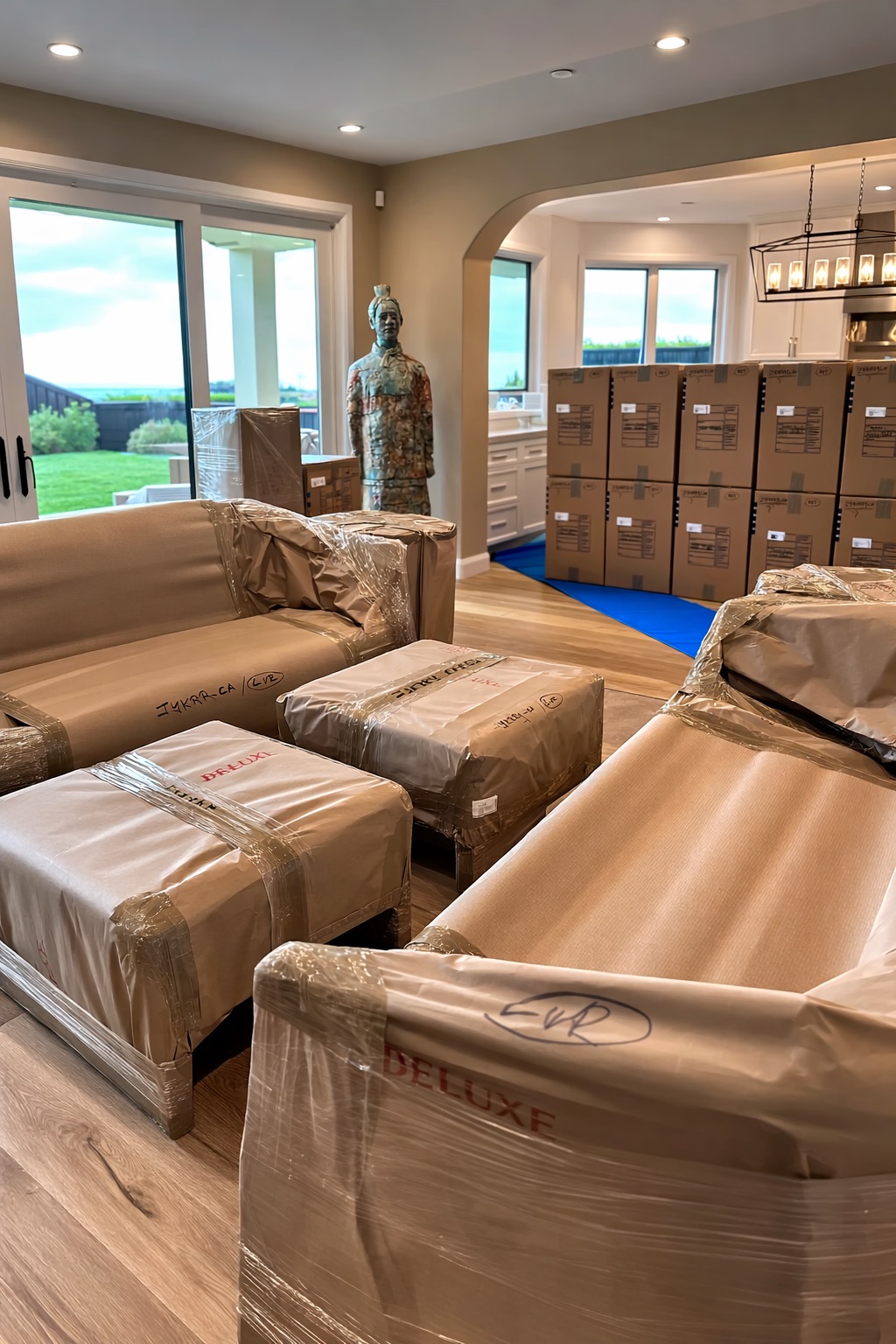 Crew applying the four-layer wrapping system to a large piece of furniture.