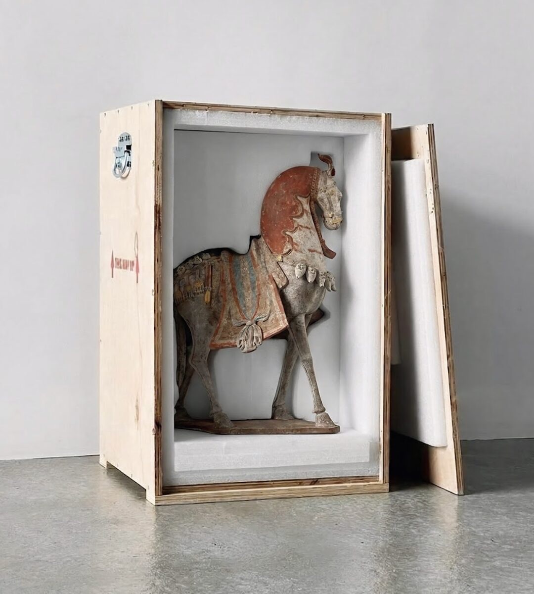 A painted terracotta horse sculpture inside an open crate with foam-lined walls.