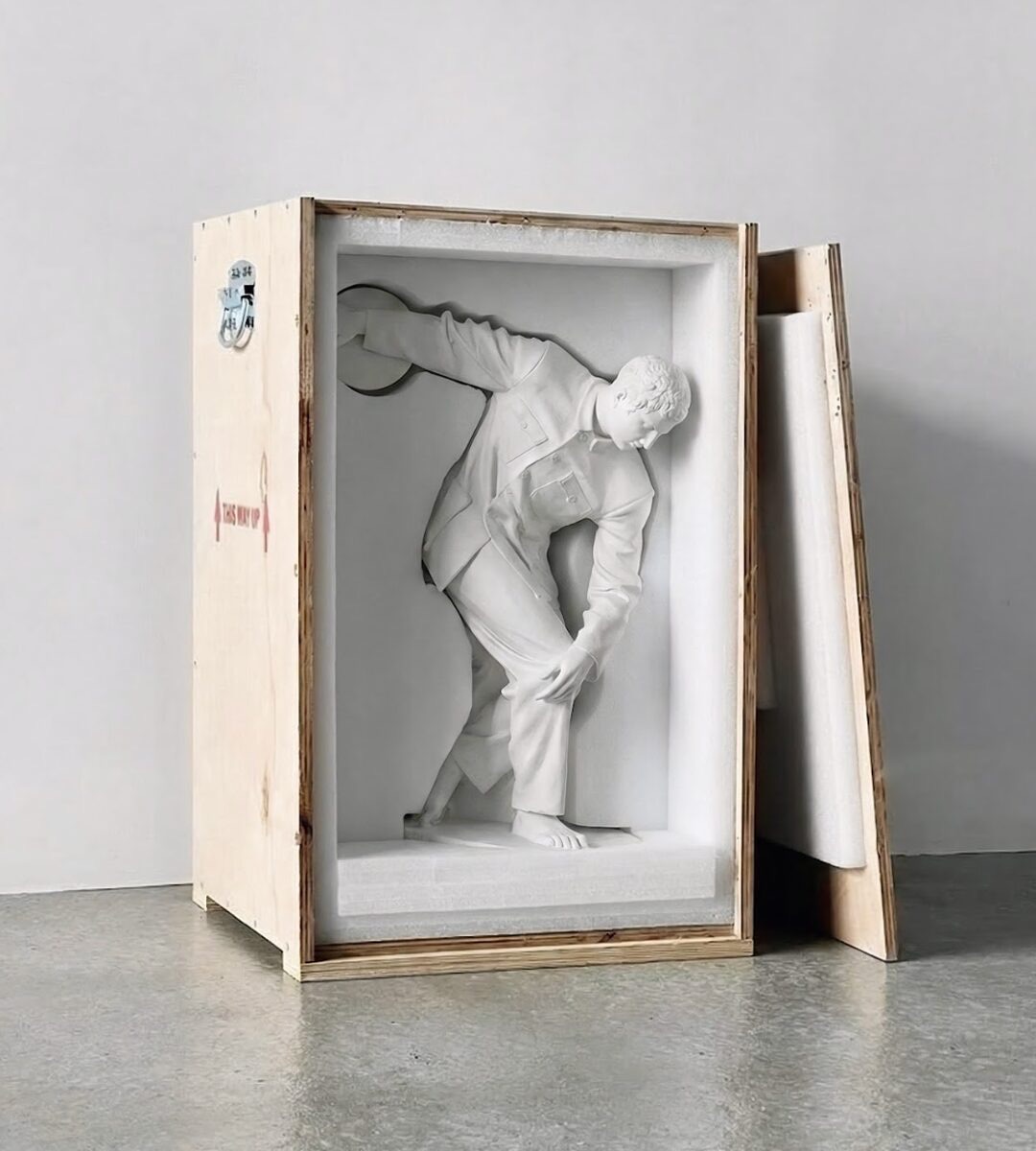 A plaster figurative sculpture crated in foam, the lid set to one side.